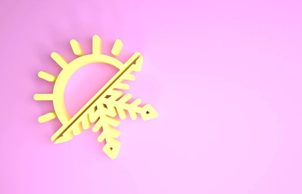 黄色のホットと寒さのシンボル。ピンクの背景に太陽と雪の結晶のアイコンが孤立しています。冬と夏のシンボル。最小限の概念。3Dイラスト3Dレンダリング — ストック写真