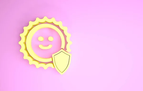 Yellow UV protection icon isolated on pink background. Sun and shield. Ultra violet rays radiation. SPF sun sign. Minimalism concept. 3d illustration 3D render — ストック写真