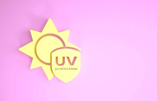 Icona di protezione UV gialla isolata su sfondo rosa. Sole e scudo. Radiazioni ultraviolette. Segno solare SPF. Concetto minimalista. Illustrazione 3d rendering 3D — Foto Stock
