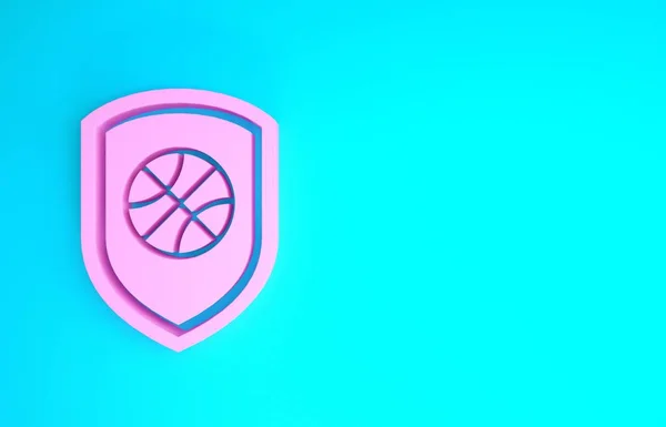 Pink Shield στην μπάλλα του μπάσκετ μέσα στο εικονίδιο που απομονώνεται σε μπλε φόντο. Μινιμαλιστική έννοια. 3D απεικόνιση 3d καθιστούν — Φωτογραφία Αρχείου