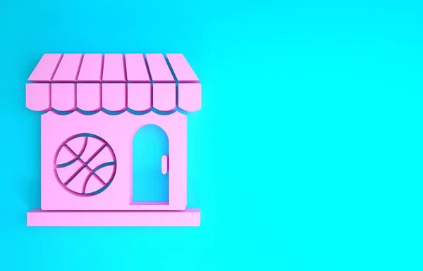 Rosa tienda de deportes y pelota de baloncesto icono aislado sobre fondo azul. Tienda de deportes. Concepto minimalista. 3D ilustración 3D render —  Fotos de Stock
