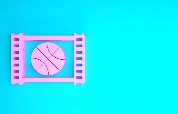 Rózsaszín Kosárlabda játék videó ikon elszigetelt kék alapon. Minimalizmus koncepció. 3d illusztráció 3d render — Stock Fotó