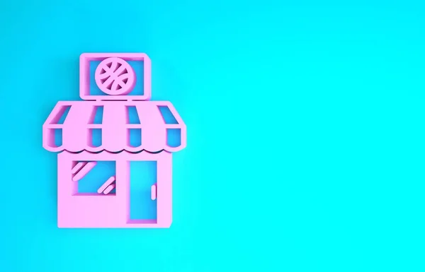 Różowy sklep sportowy i ikona piłki do koszykówki izolowane na niebieskim tle. Sklep sportowy. Koncepcja minimalizmu. Ilustracja 3d — Zdjęcie stockowe