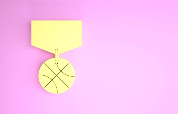 Yellow Basketball medal with ribbon icon isolated on pink background. Minimalism concept. 3d illustration 3D render — Stock Photo, Image