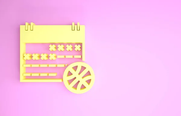 Жовтий баскетбол на піктограмі спортивного календаря ізольовано на рожевому фоні. Концепція мінімалізму. 3D ілюстрація 3D рендеринга — стокове фото