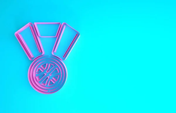 Pink Basketball medal with ribbon icon isolated on blue background. Minimalism concept. 3d illustration 3D render