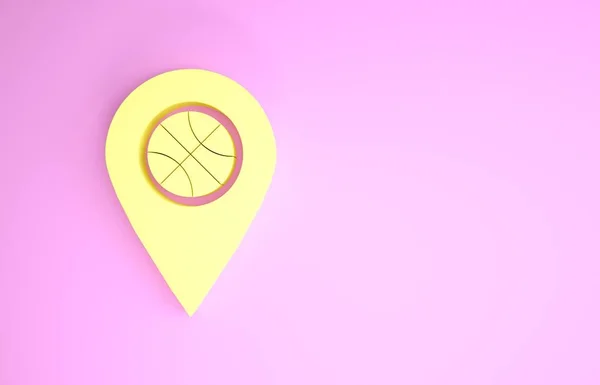 Yellow Location with basketball ball inside icon isolated on pink background. Minimalism concept. 3d illustration 3D render — ストック写真