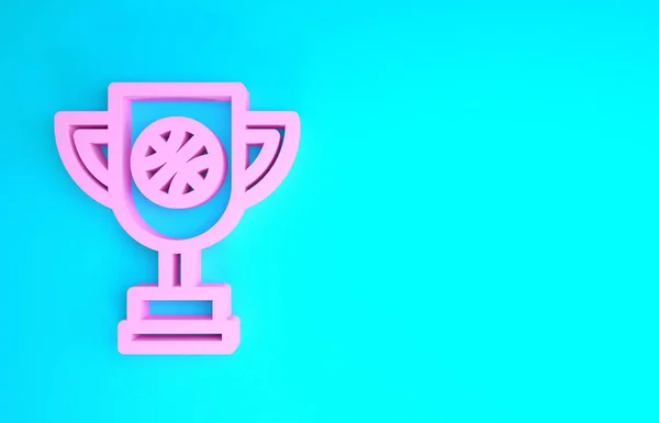 Copa Pink Award con icono de pelota de baloncesto aislado sobre fondo azul. Símbolo del trofeo ganador. Campeonato o trofeo de competición. Concepto minimalista. 3D ilustración 3D render — Foto de Stock