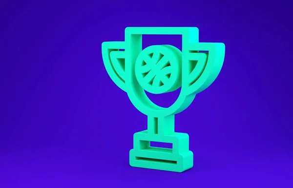 Πράσινο Κύπελλο βραβείο με μπάλα του μπάσκετ εικονίδιο απομονώνονται σε μπλε φόντο. Σύμβολο τρόπαιο νικητή. Πρωτάθλημα ή τρόπαιο αγώνα. Μινιμαλιστική έννοια. 3D απεικόνιση 3d καθιστούν — Φωτογραφία Αρχείου