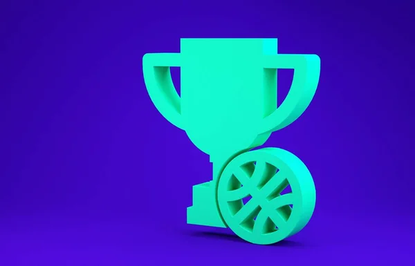 Taça Green Award com ícone de bola de basquete isolado no fundo azul. Símbolo do troféu vencedor. Campeonato ou troféu de competição. Conceito de minimalismo. 3D ilustração 3D render — Fotografia de Stock