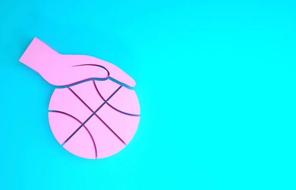 Pink Hand with basketball ball icon isolated on blue background. Sport symbol. Minimalism concept. 3d illustration 3D render — Stock Photo, Image