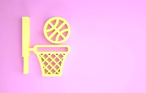 Yellow Basketball ball and basket icon isolated on pink background. Ball in basketball hoop. Minimalism concept. 3d illustration 3D render — Stock Photo, Image