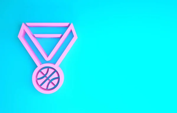 Pink Basketball medal with ribbon icon isolated on blue background. Minimalism concept. 3d illustration 3D render — Stock Photo, Image