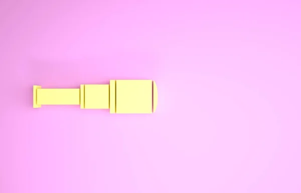 Ícone de lente de telescópio amarelo Spyglass isolado em fundo rosa. Vidro de marinheiro. Conceito de minimalismo. 3D ilustração 3D render — Fotografia de Stock