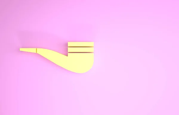 Amarillo Pipa de fumar con icono de humo aislado sobre fondo rosa. Pipa de tabaco. Concepto minimalista. 3D ilustración 3D render — Foto de Stock