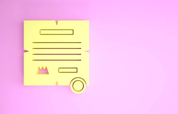 Decreto amarillo, papel, pergamino, icono de desplazamiento aislado sobre fondo rosa. Concepto minimalista. 3D ilustración 3D render —  Fotos de Stock