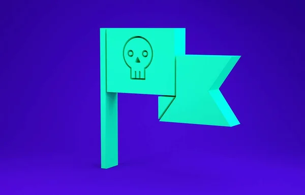 Bandeira Pirata Verde com ícone de crânio isolado no fundo azul. Conceito de minimalismo. 3D ilustração 3D render — Fotografia de Stock