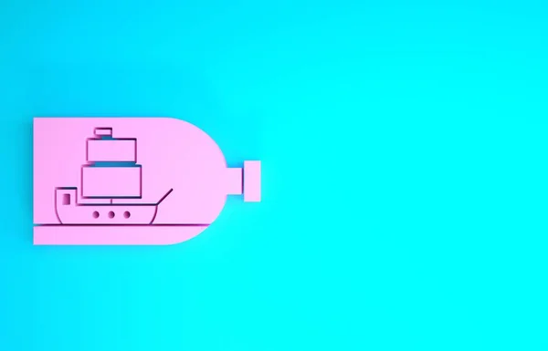 Botella de vidrio rosa con el icono interior de la nave aislado sobre fondo azul. Modelo en miniatura de buque marino. Hobby y tema del mar. Concepto minimalista. 3D ilustración 3D render —  Fotos de Stock