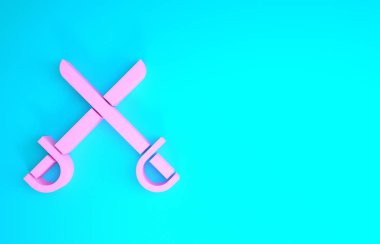 Pembe Çapraz Korsan Kılıçları ikonu mavi arka planda izole edilmiş. Kılıç işareti. Minimalizm kavramı. 3d illüstrasyon 3B canlandırma