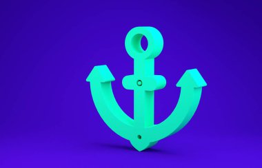 Yeşil Çapa simgesi mavi arkaplanda izole edildi. Minimalizm kavramı. 3d illüstrasyon 3B canlandırma