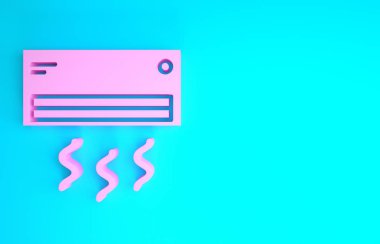 Pembe klima ikonu mavi arkaplanda izole edilmiş. Sistemin havalandırmasını böl. Soğuk ve soğuk iklim kontrol sistemi. Minimalizm kavramı. 3d illüstrasyon 3B canlandırma