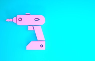 Mavi arka planda pembe elektrikli kablosuz tornavida simgesi izole edildi. Elektrikli matkap. Tamir aleti. Minimalizm kavramı. 3d illüstrasyon 3d canlandırma