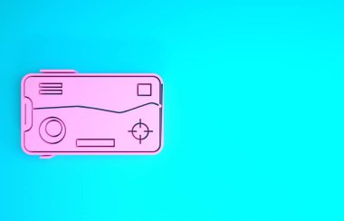 Pembe Akıllı Telefon ve mavi arkaplanda izole edilmiş oyun simgesinde oynanıyor. Mobil oyun konsepti. Minimalizm kavramı. 3d illüstrasyon 3d canlandırma