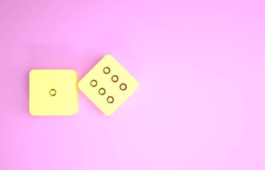 Sarı Oyun zar simgesi pembe arkaplanda izole edildi. Kumarhane kumarı. Minimalizm kavramı. 3d illüstrasyon 3d canlandırma