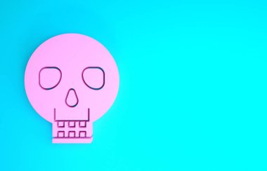 Mavi arka planda izole edilmiş Pembe Kafatası simgesi. Mutlu Cadılar Bayramı Partisi. Minimalizm kavramı. 3d illüstrasyon 3B canlandırma