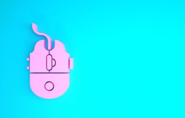 Pembe Bilgisayar faresi oyun simgesi mavi arkaplanda izole edildi. Tekerlek sembollü optik. Minimalizm kavramı. 3d illüstrasyon 3d canlandırma