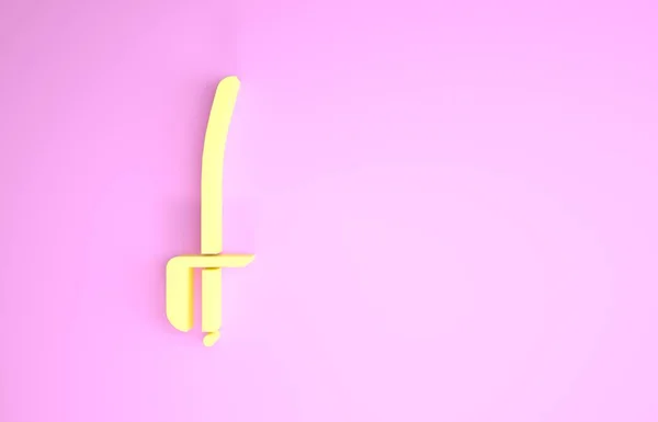 Желтый пиратский меч значок изолирован на розовом фоне. Знак сабли. Концепция минимализма. 3D-рендеринг — стоковое фото