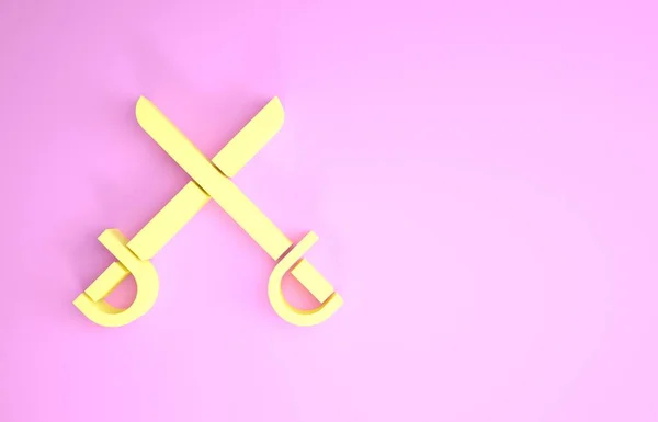 Espadas piratas cruzadas amarillas icono aislado sobre fondo rosa. Signo de sable. Concepto minimalista. 3D ilustración 3D render — Foto de Stock