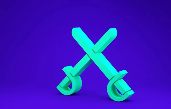 Verde cruzado pirata espadas ícone isolado no fundo azul. Sinal de sabre. Conceito de minimalismo. 3D ilustração 3D render — Fotografia de Stock