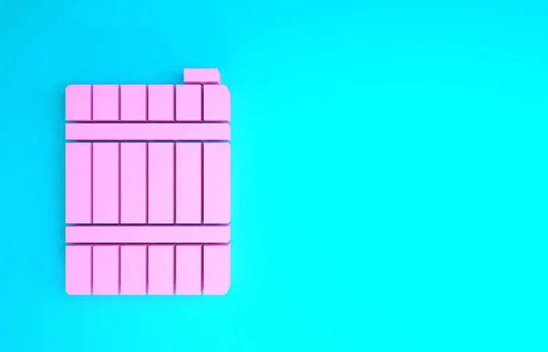 Icono de barril de madera rosa aislado sobre fondo azul. Barril de alcohol, recipiente de bebida, barril de madera para cerveza, whisky, vino. Concepto minimalista. 3D ilustración 3D render — Foto de Stock
