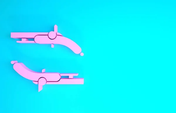粉色复古手枪图标隔离在蓝色背景。古老的武器最低纲领的概念。3D渲染3D插图 — 图库照片