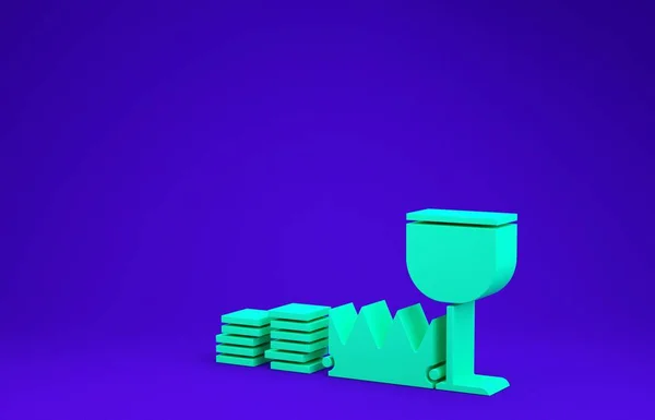 Icona del tesoro verde e delle ricchezze isolata su sfondo blu. Tesoro, oro, monete, gioielli, corona, coppa d'oro. Concetto minimalista. Illustrazione 3d rendering 3D — Foto Stock