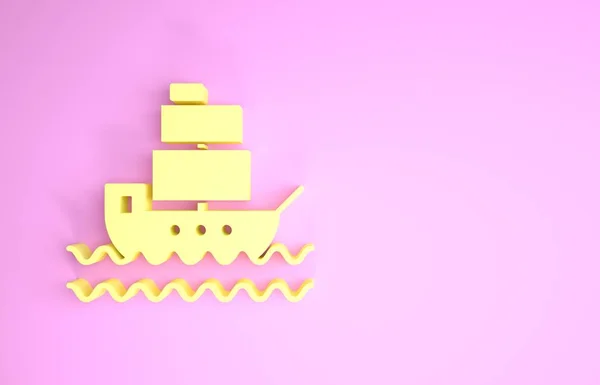 Κίτρινη εικόνα πλοίου που απομονώνεται σε ροζ φόντο. Μινιμαλιστική έννοια. 3D απεικόνιση 3d καθιστούν — Φωτογραφία Αρχείου