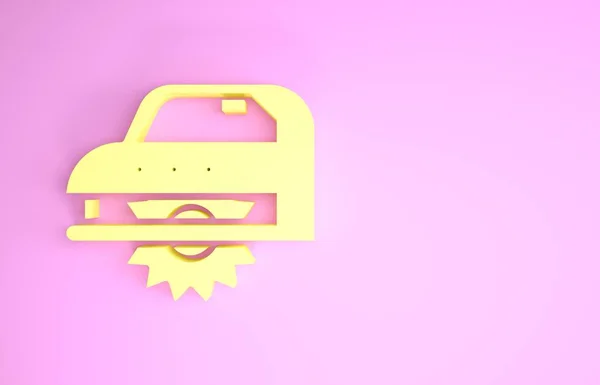 ピンクの背景に絶縁されたスチール製の歯付きディスクアイコンが付いた黄色の電気円形ののこぎり。木材や金属を切断するための電動ハンドツール。最小限の概念。3Dイラスト3Dレンダリング — ストック写真