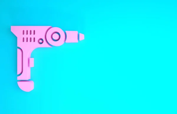 Icône de perceuse électrique rose isolée sur fond bleu. Outil de réparation. Concept de minimalisme. Illustration 3D rendu 3D — Photo