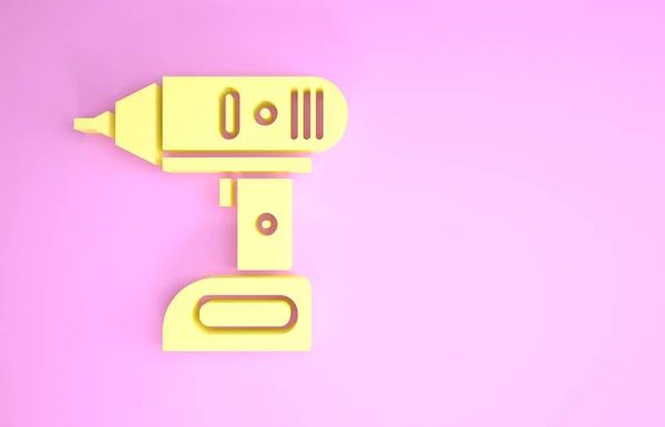 Żółty elektryczny bezprzewodowy śrubokręt ikona izolowane na różowym tle. Wiertarka elektryczna. Narzędzie naprawcze. Koncepcja minimalizmu. Ilustracja 3d — Zdjęcie stockowe