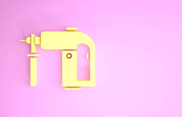 黄电旋转锤钻机图标隔离在粉红色背景上. 施工、修整、维修工作的工具. 最低纲领的概念。 3d说明3d — 图库照片