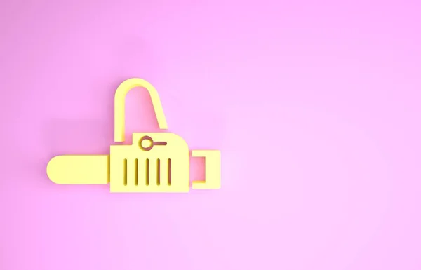 노란 전기톱 아이콘은 핑크 색 배경에서 분리되어 있습니다. 최소성 개념. 3D 일러스트 3D 렌더링 — 스톡 사진