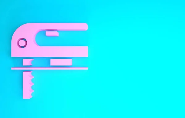 Jigsaw elétrico rosa com ícone de lâmina afiada de aço isolado no fundo azul. Ferramenta elétrica para madeira. Conceito de minimalismo. 3D ilustração 3D render — Fotografia de Stock