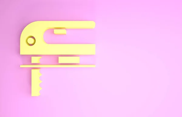 Jigsaw elétrico amarelo com ícone de lâmina afiada de aço isolado no fundo rosa. Ferramenta elétrica para madeira. Conceito de minimalismo. 3D ilustração 3D render — Fotografia de Stock
