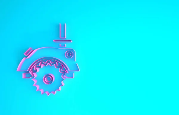 Sierra circular Pink Electric con icono de disco dentado de acero aislado sobre fondo azul. Herramienta eléctrica para cortar madera o metal. Concepto minimalista. 3D ilustración 3D render —  Fotos de Stock