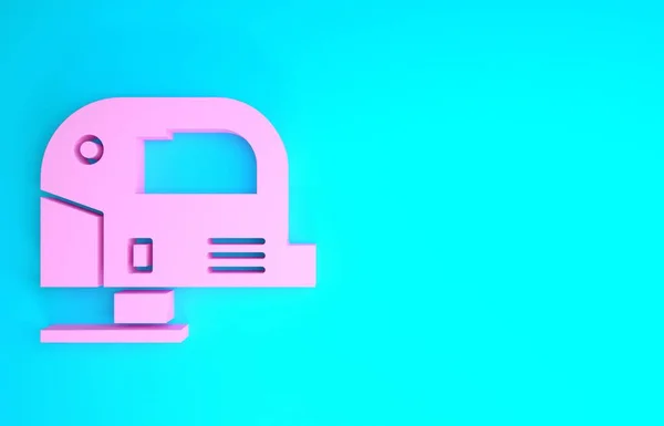 Pink Electric Jigsaw with steel sharp blade icon isolated on blue background. Электроинструмент для деревообработки. Концепция минимализма. 3D-рендеринг — стоковое фото