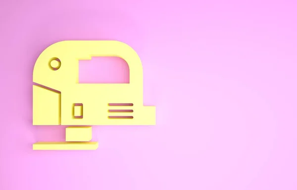 Jigsaw elétrico amarelo com ícone de lâmina afiada de aço isolado no fundo rosa. Ferramenta elétrica para madeira. Conceito de minimalismo. 3D ilustração 3D render — Fotografia de Stock