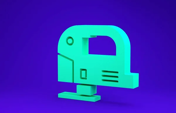 Zelená elektrická skládačka s ocelově ostrým ostřím ikony izolované na modrém pozadí. Elektrický nástroj pro práci se dřevem. Minimalismus. 3D ilustrace 3D vykreslení — Stock fotografie