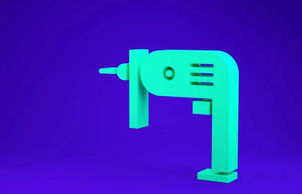Πράσινο ηλεκτρικό τρυπάνι μηχανή εικονίδιο απομονώνονται σε μπλε φόντο. Εργαλείο επισκευής. Μινιμαλιστική έννοια. 3d απεικόνιση 3D καθιστούν — Φωτογραφία Αρχείου