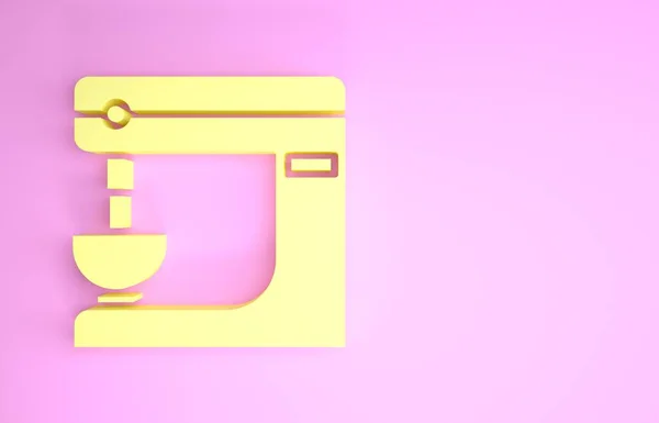 ピンクの背景に隔離された黄色の電気ミキサーアイコン。キッチンブレンダー。最小限の概念。3Dイラスト3Dレンダリング — ストック写真
